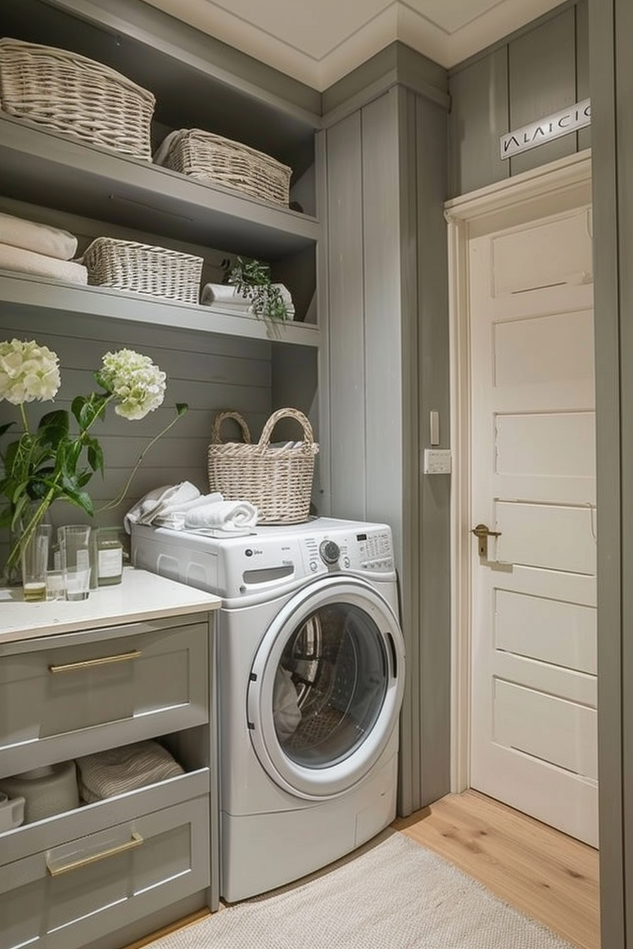 Organized laundry room with a front-loading washer, built-in shelves with baskets, and a white hydrangea bouquet.