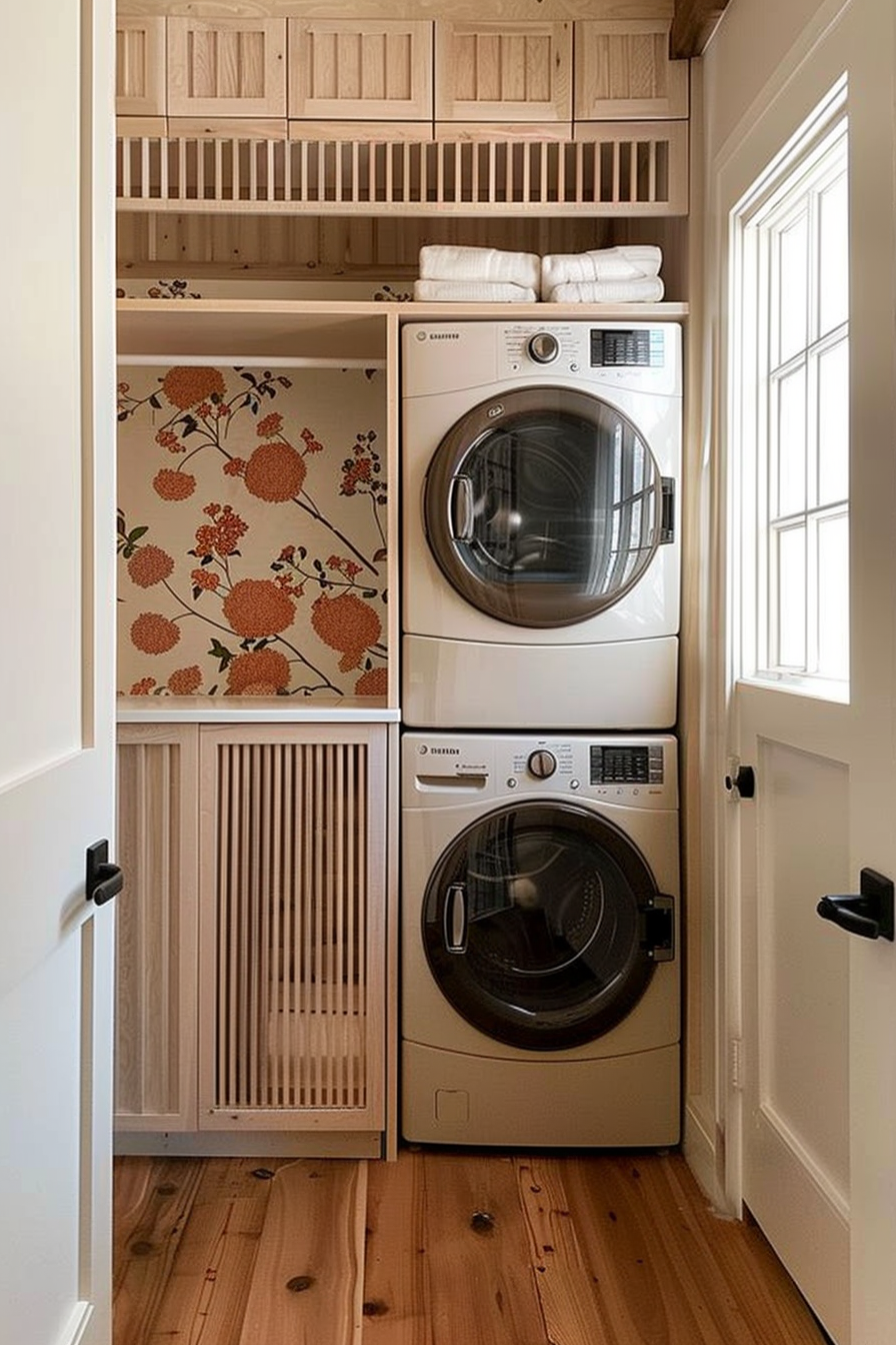Compact laundry closet with stacked washing machine and dryer, floral wallpaper, wooden cabinetry, and towels.