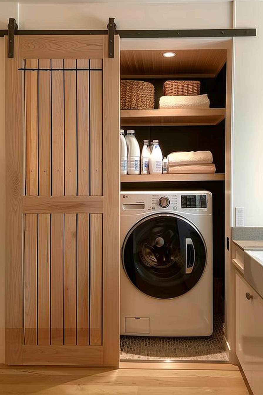 A modern laundry closet with a sliding wooden door, featuring a front-loading washer, shelves with towels and wicker baskets, and detergent bottles.