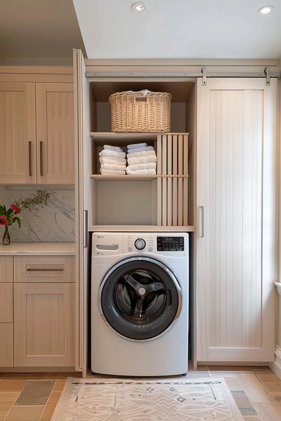 Modern laundry room with a front-loading washer, wooden cabinetry, and neatly organized towels on shelves.