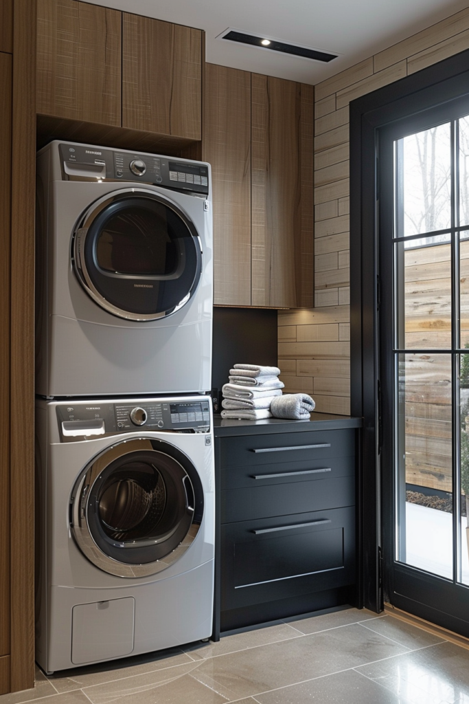 Stacked washer and dryer in a modern laundry room with wooden cabinets and a pile of folded towels on a dark cabinet beside a large window.