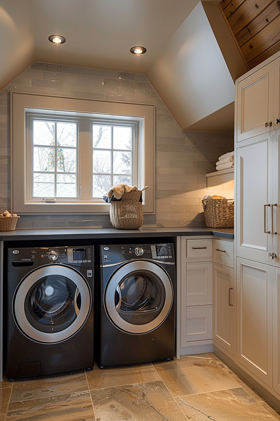 Modern laundry room with sleek black washer and dryer below a window, surrounded by white cabinetry and stone tiled floor.