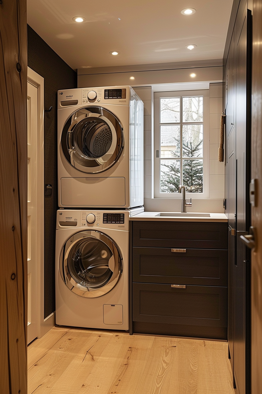 Modern laundry room with stacked washer and dryer, cabinetry, and a sink by a window.