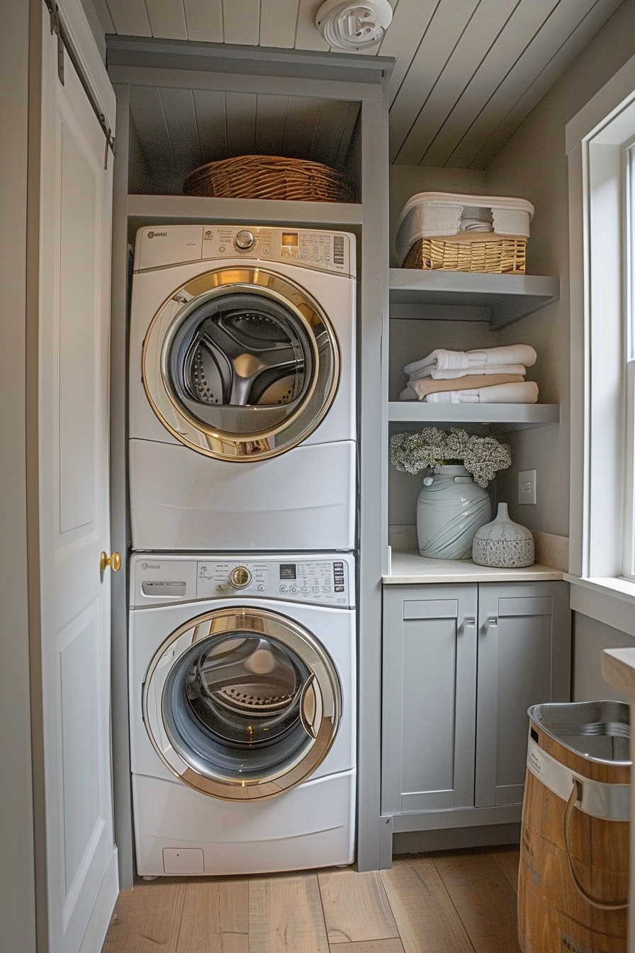 Stacked washing machine and dryer in a cozy laundry nook with shelves holding baskets, towels, and decorative vases.