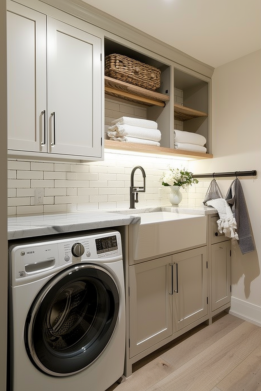 A modern laundry room with white cabinetry, a front-loading washer, open shelving with baskets and towels, and a sink.