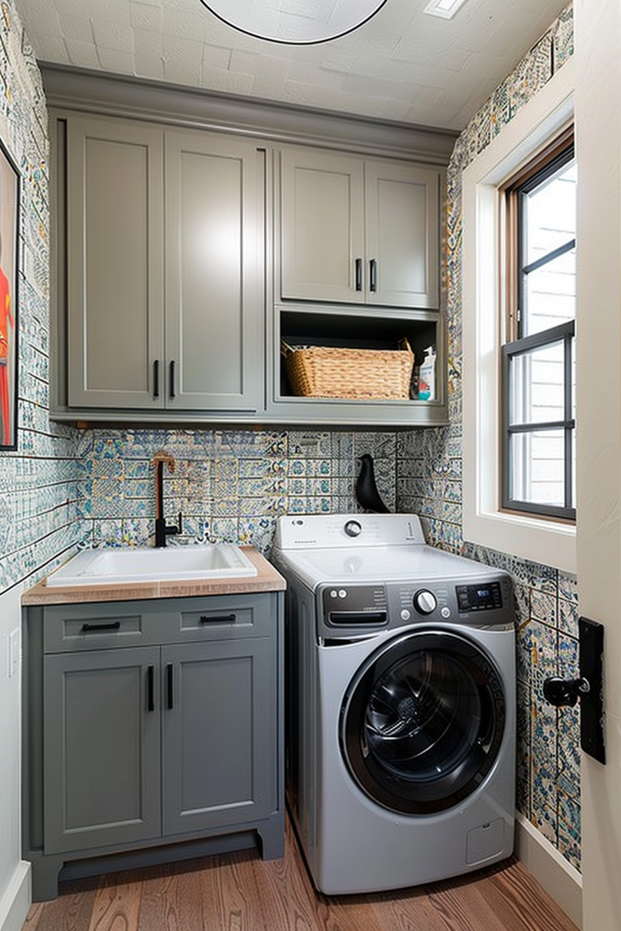 A modern, compact laundry room with gray cabinets, patterned tile backsplash, washing machine, and a sink with wooden countertop.