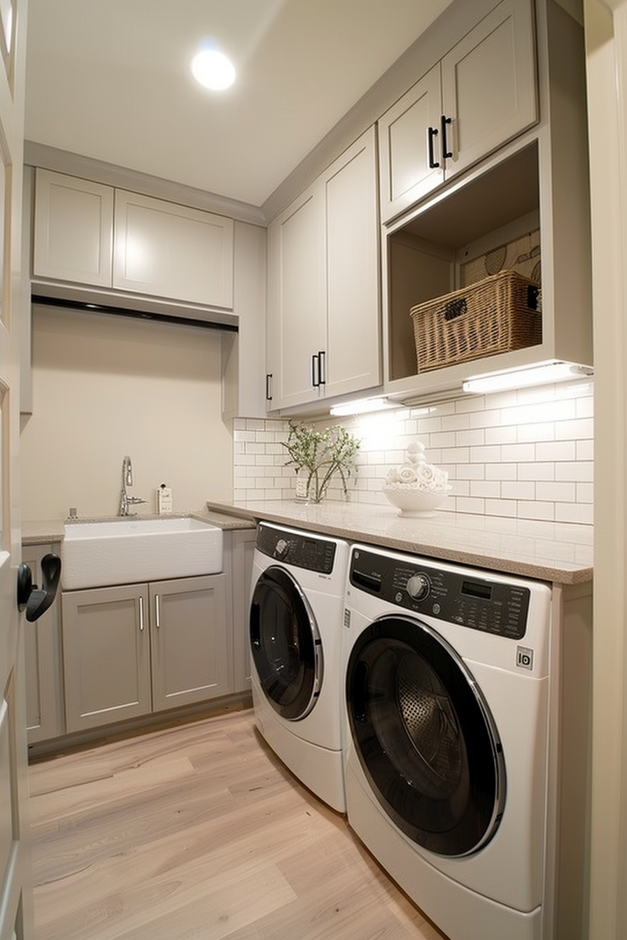Modern laundry room with light wood floors, white subway tiles, and gray cabinets with a front-loading washer and dryer.