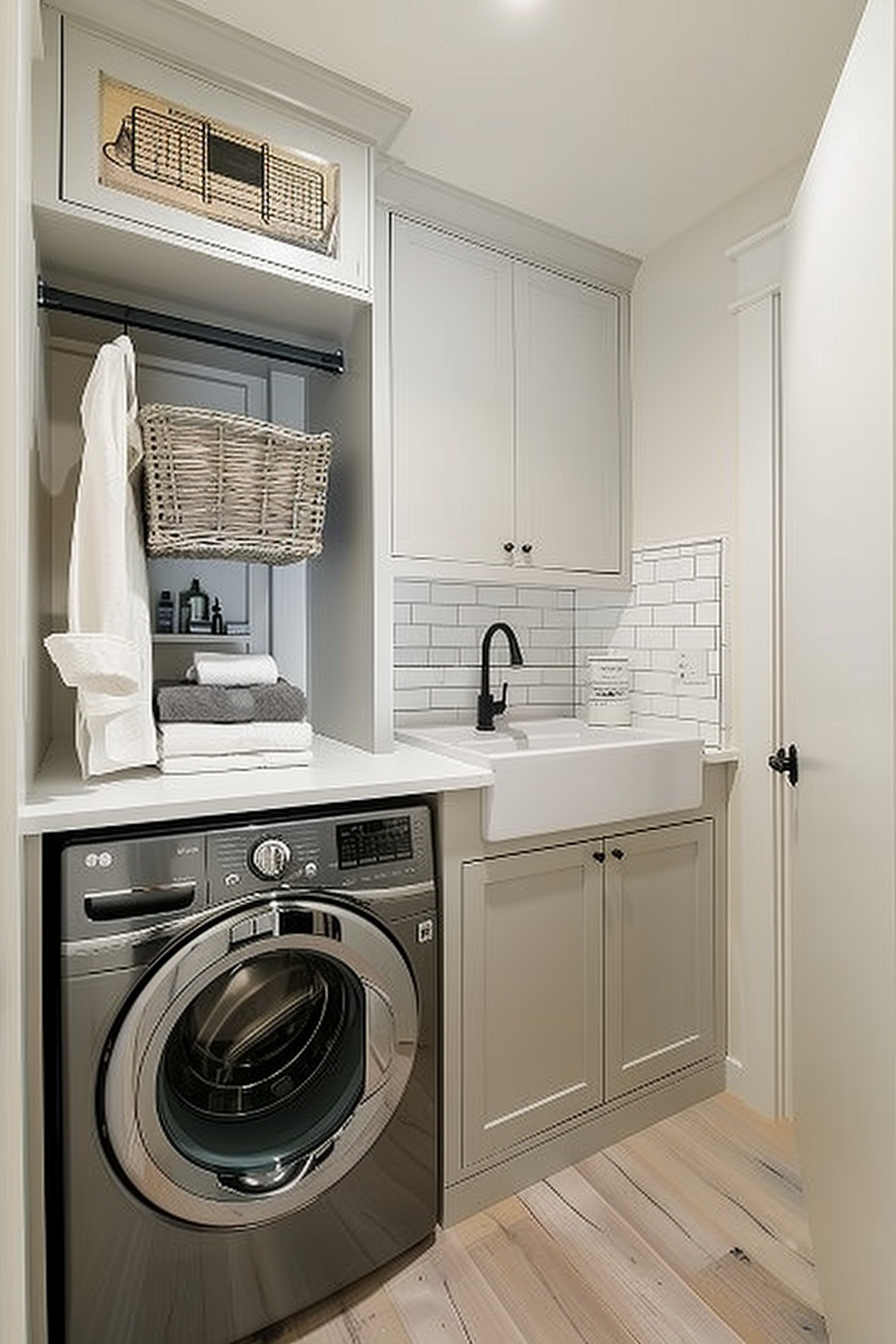 Modern laundry room with white cabinetry, stainless steel washing machine, and black faucet over a farmhouse sink.