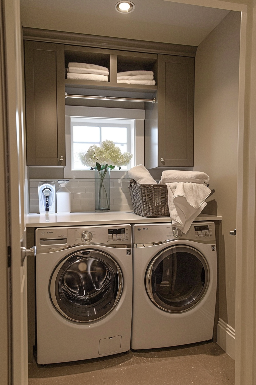 Modern laundry room with front-loading washer and dryer, white subway tiles, and cabinets storing linens.