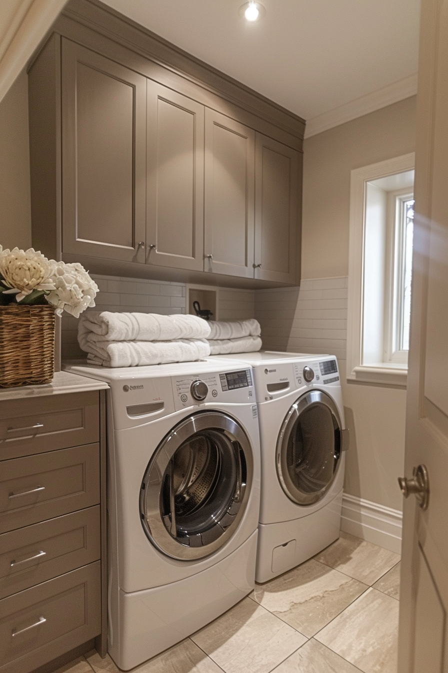 Modern laundry room with gray cabinets, front-load washer and dryer, and a basket of white towels.