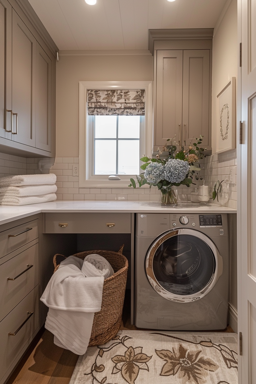 Elegant laundry room with taupe cabinets, white backsplash, modern washing machine, wicker basket, and decorative rug.