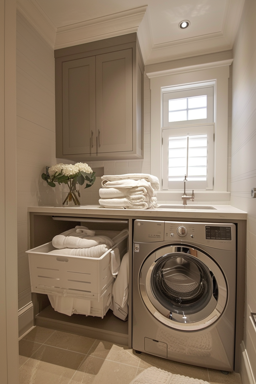 Elegant laundry room with modern washer, built-in cabinets, open shelves with towels, and a small window above a sink.