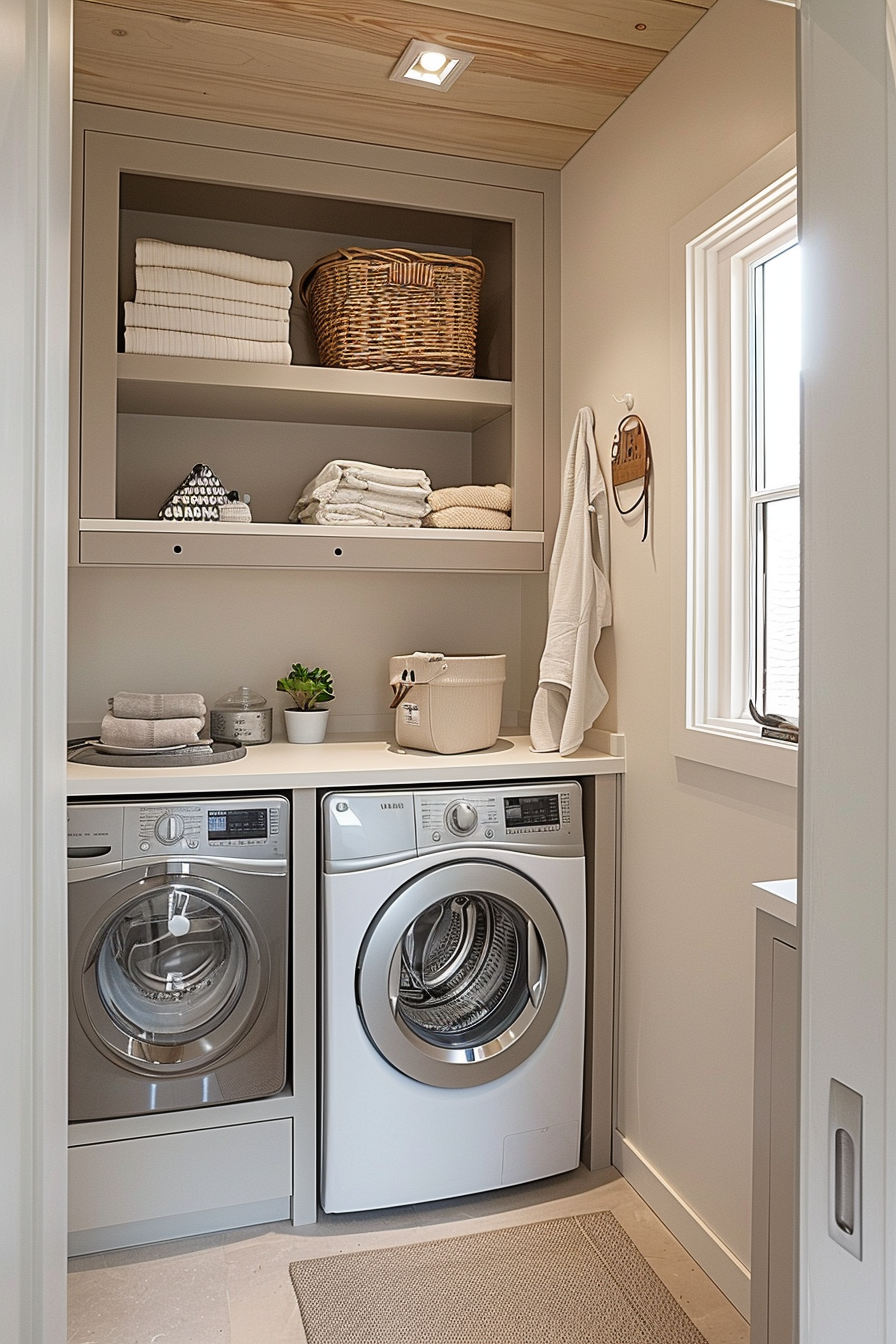 A modern laundry room with stacked washer and dryer, wooden shelving with linens and baskets, and a small window.
