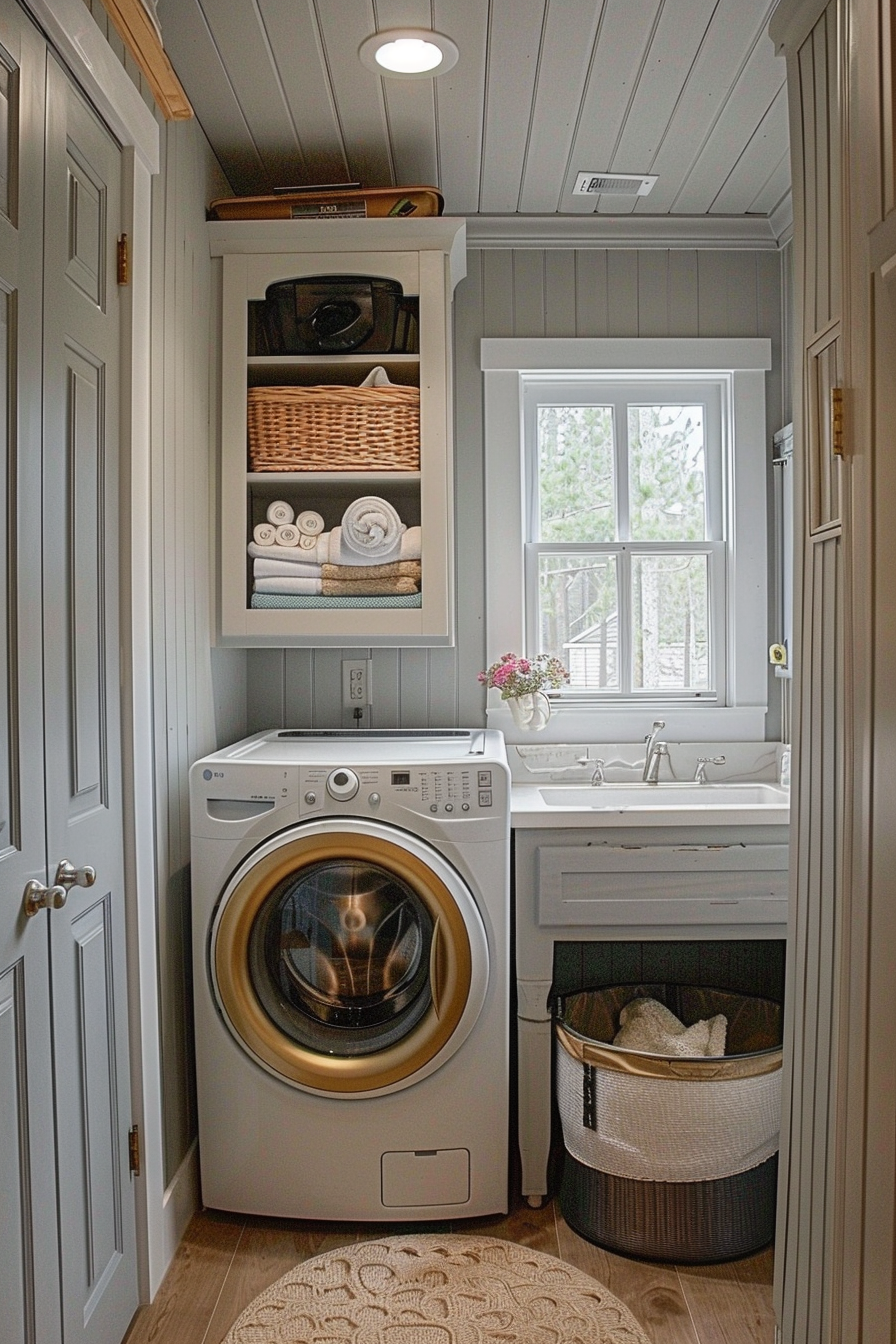 A cozy laundry room with a stacked washer and dryer, farmhouse sink by a window, open shelving with linens, and a wicker basket.