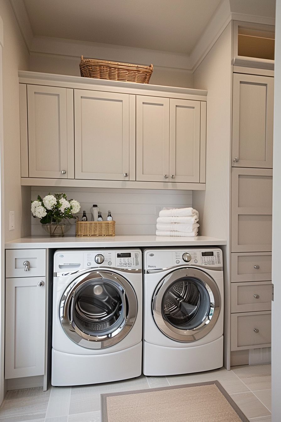 Modern laundry room interior with white cabinets, front-loading washer and dryer, and neatly arranged towels and cleaning supplies.