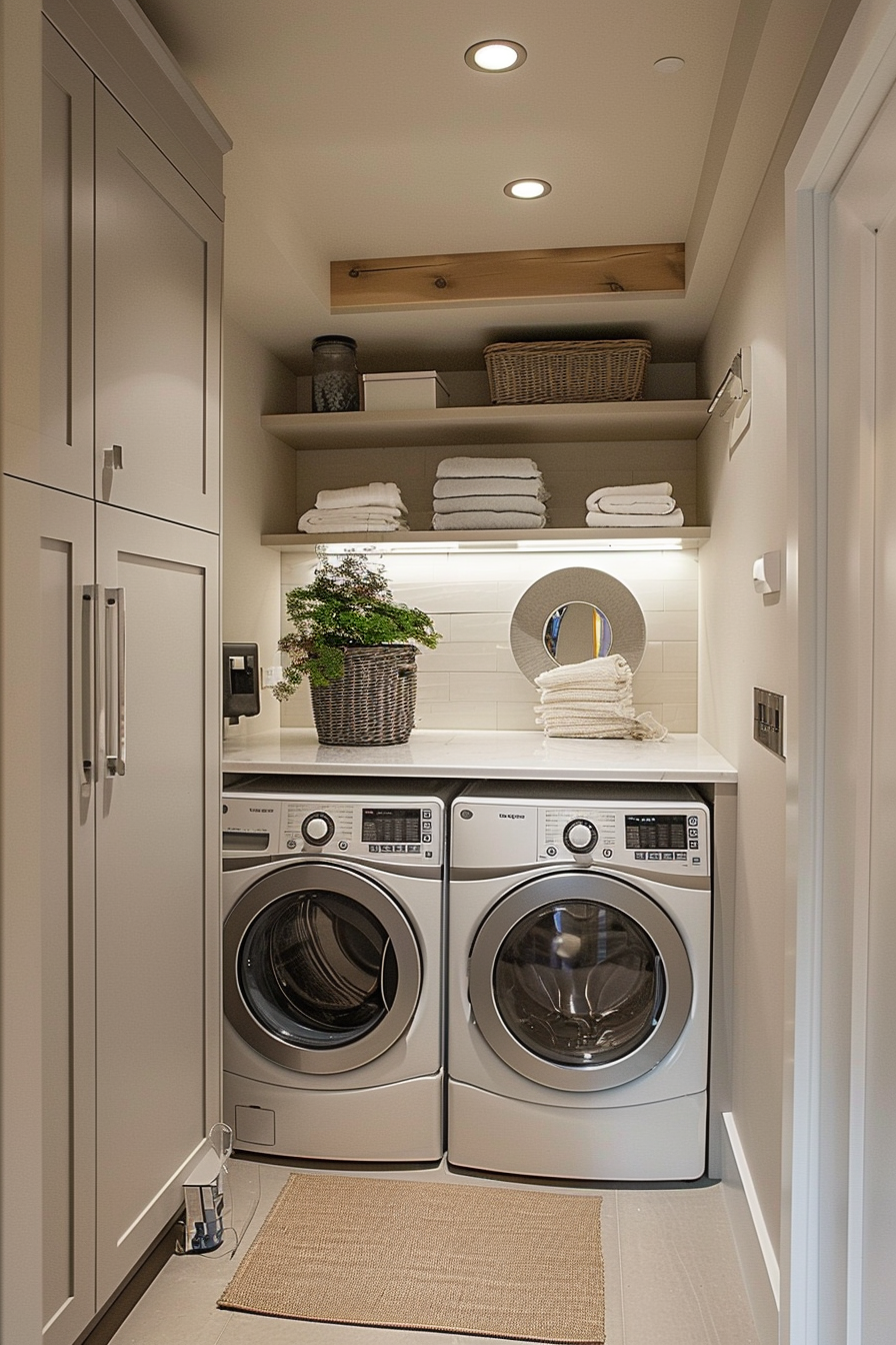 Modern laundry room with stacked washer and dryer, white cabinetry, and wooden shelves with linens and a plant.
