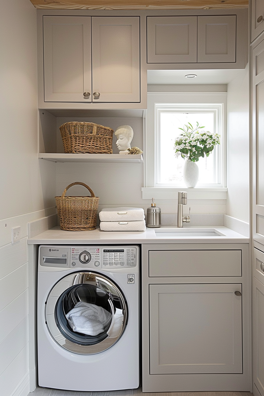 Modern laundry room with a front-loading washer, shelves with baskets, a sculpted head, and towels, beside a window with flowers.