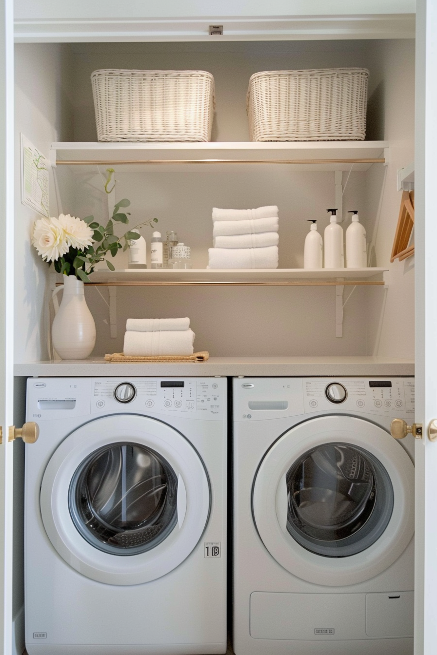 Neatly organized laundry room with stacked shelves, wicker baskets, fresh flowers, and white towels above a washer and dryer.
