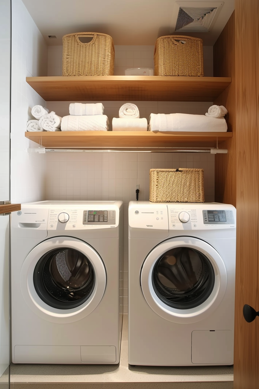 Modern laundry room interior with a washing machine and dryer side by side, and shelves storing towels and baskets above.