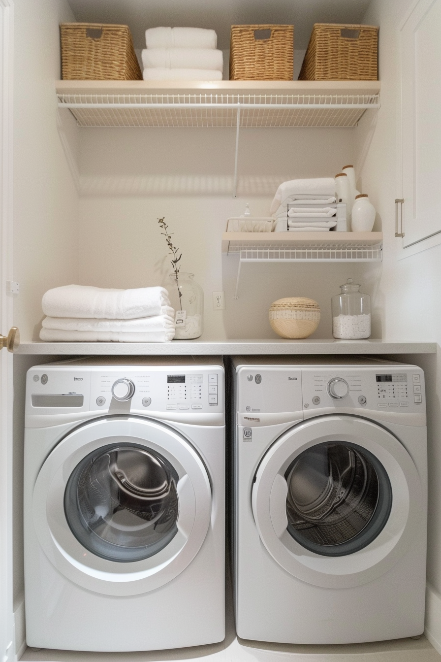 A neatly organized laundry room with a washer and dryer, white linens, and baskets on shelving above.