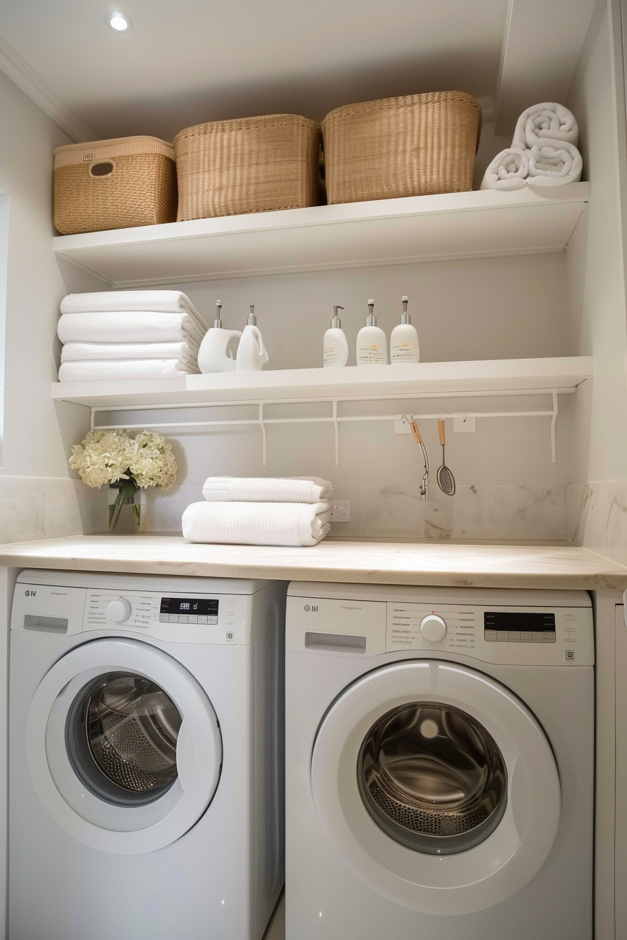 A neatly organized laundry room with stacked towels, baskets on shelves, and modern washing machines.