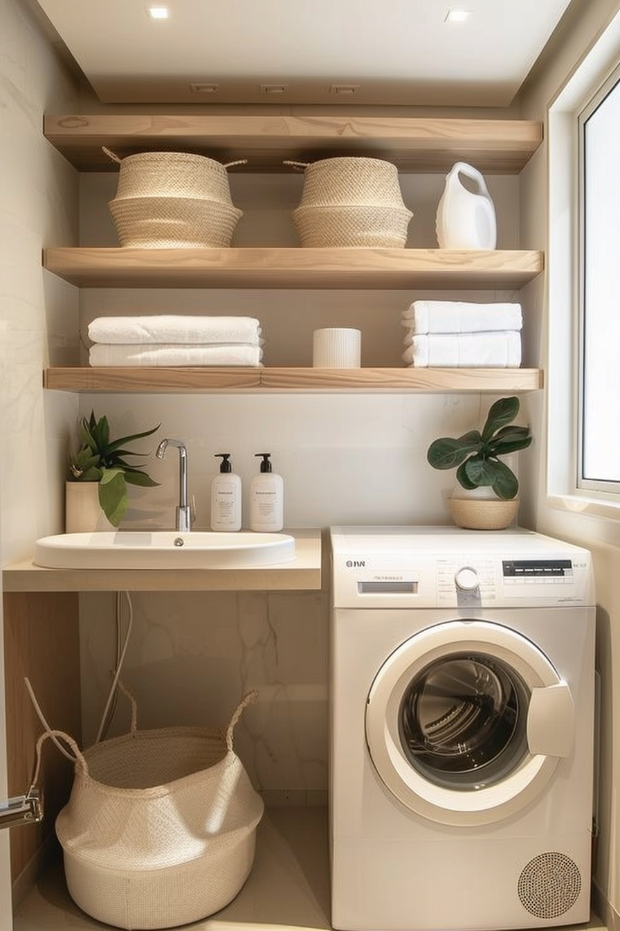 A modern, organized laundry room with shelves containing baskets, towels, and plants above a washing machine and sink.