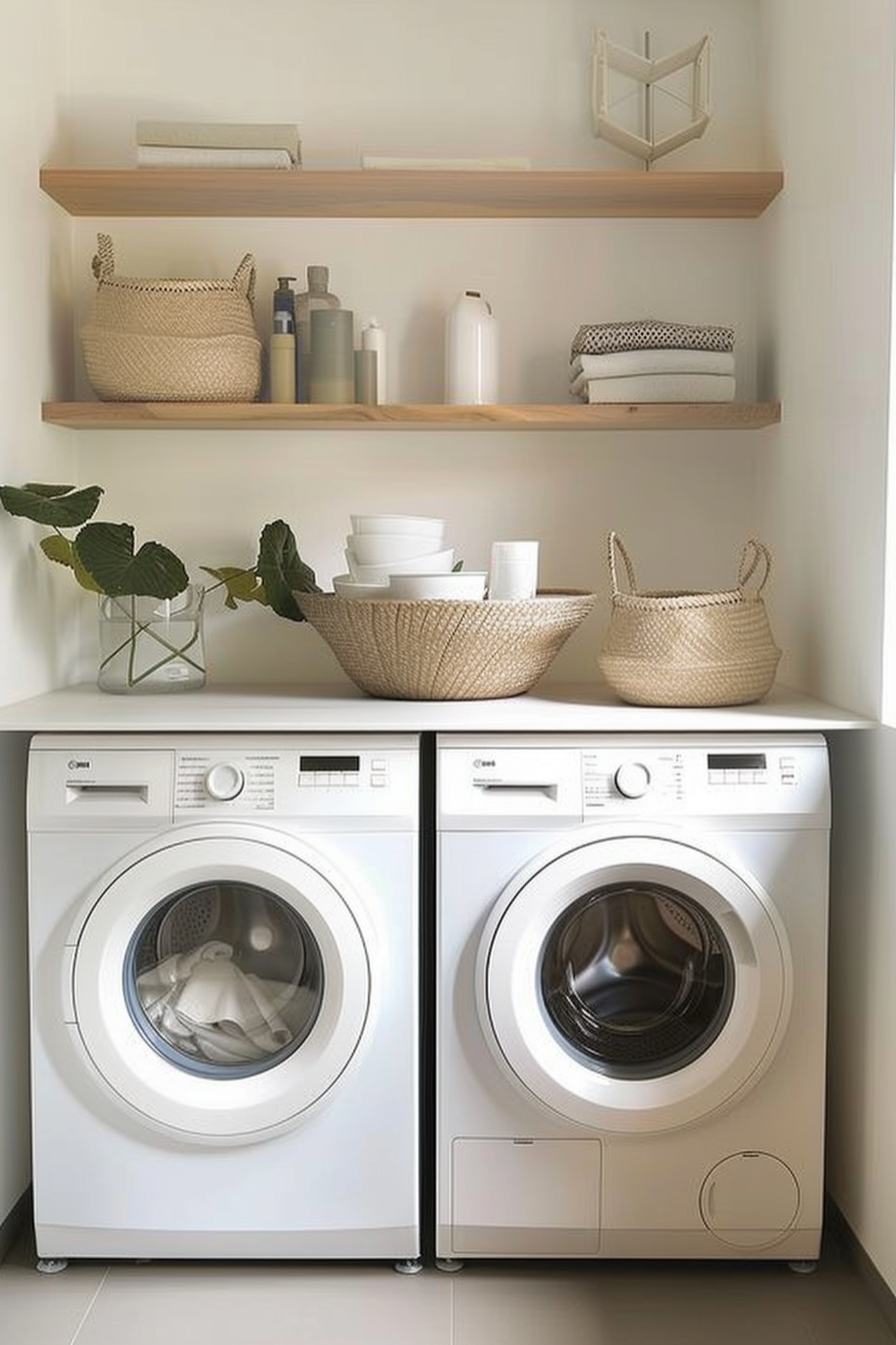 A tidy laundry room with a front-loading washer and dryer, wooden shelves above containing home essentials and decorative items.