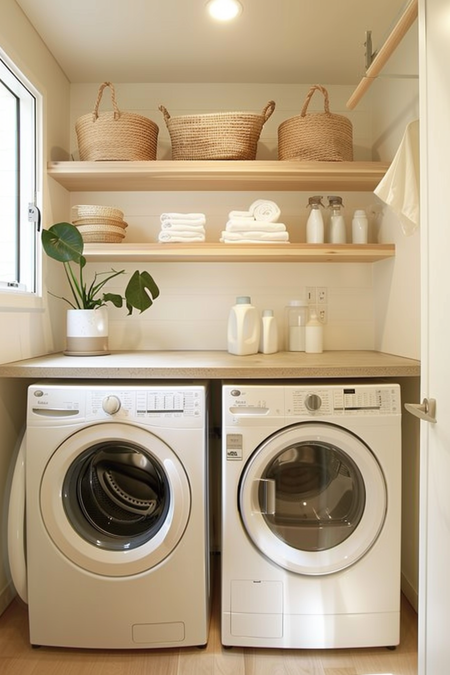 A neat laundry room with a washer, dryer, shelves with folded towels and baskets, and a potted plant by the window.