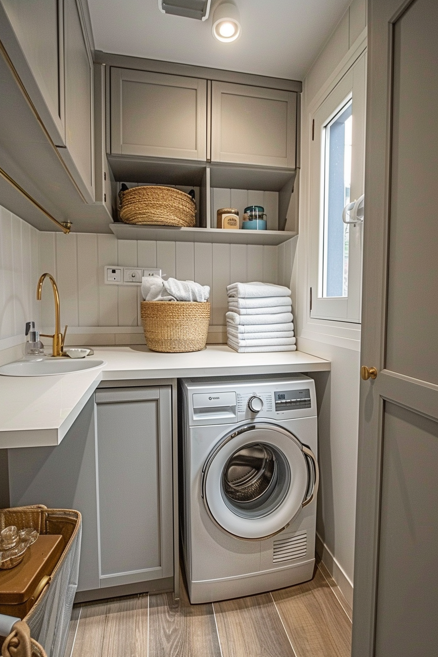 Modern laundry room interior with gray cabinets, washing machine, sink, and neatly folded towels.