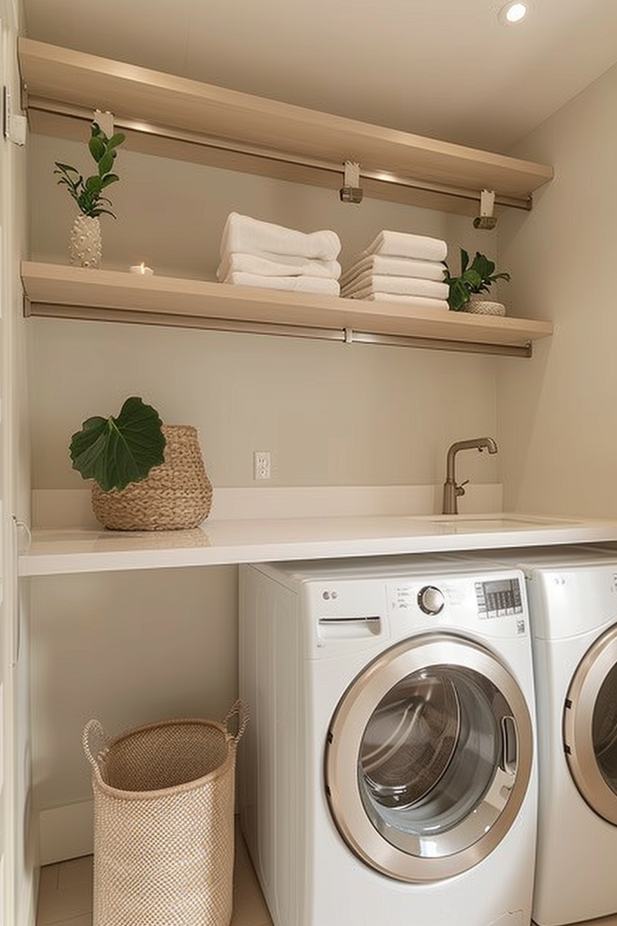 Modern laundry room with a white washer, dryer, shelves with towels and plants, and a woven laundry basket.