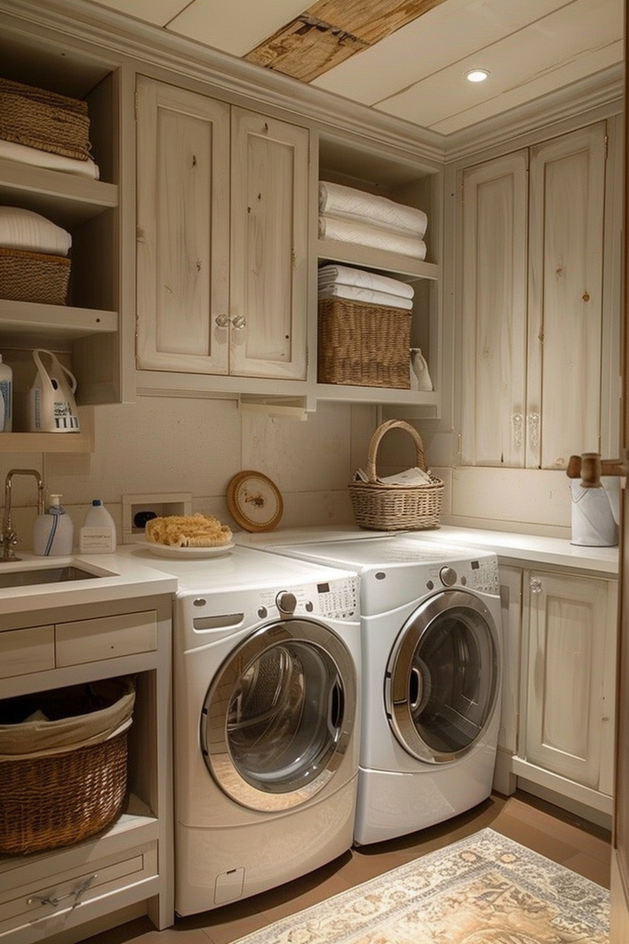 Cozy laundry room with wooden cabinets, stacked towels, front-load washer, dryer, and woven baskets.