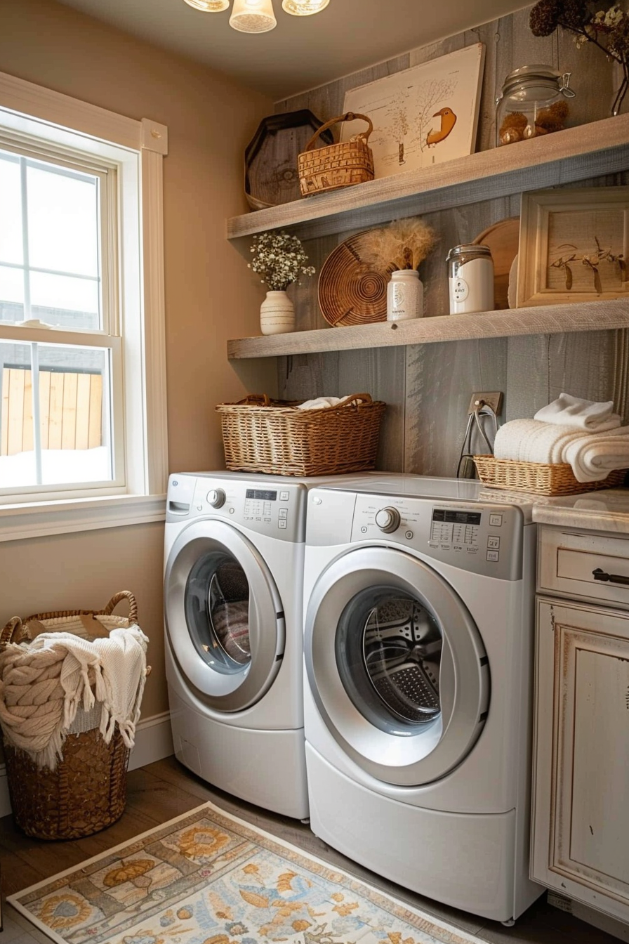 Cozy laundry room with a washer and dryer under wooden shelves decorated with wicker baskets, framed pictures, and plants.