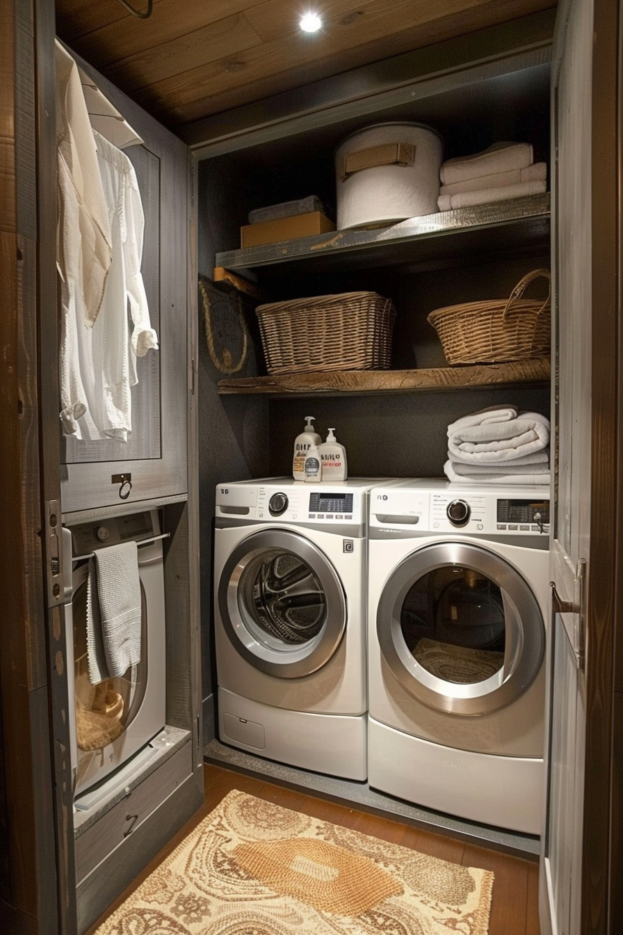 A cozy laundry closet with a washer, dryer, shelves with baskets and towels, and a hanging robe on a wooden door.