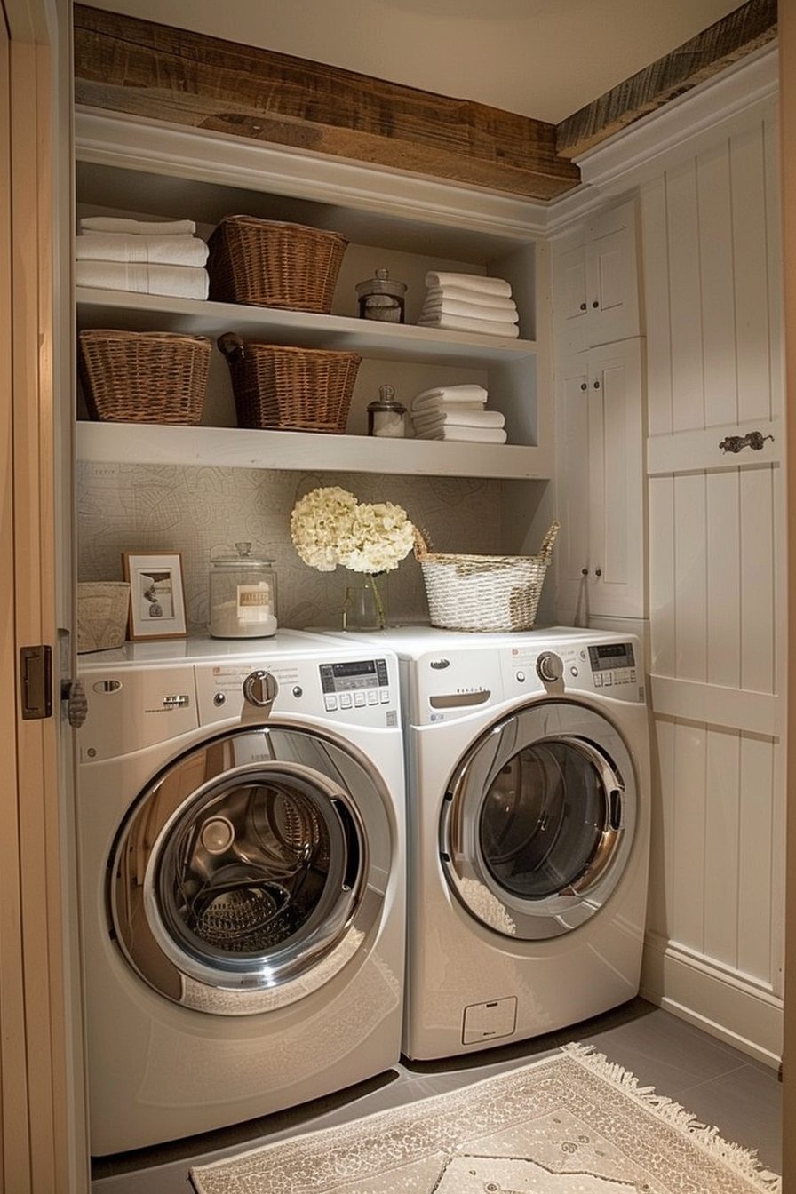 A cozy laundry room with modern appliances, white cabinetry, wooden shelving, and decorative baskets and flowers.