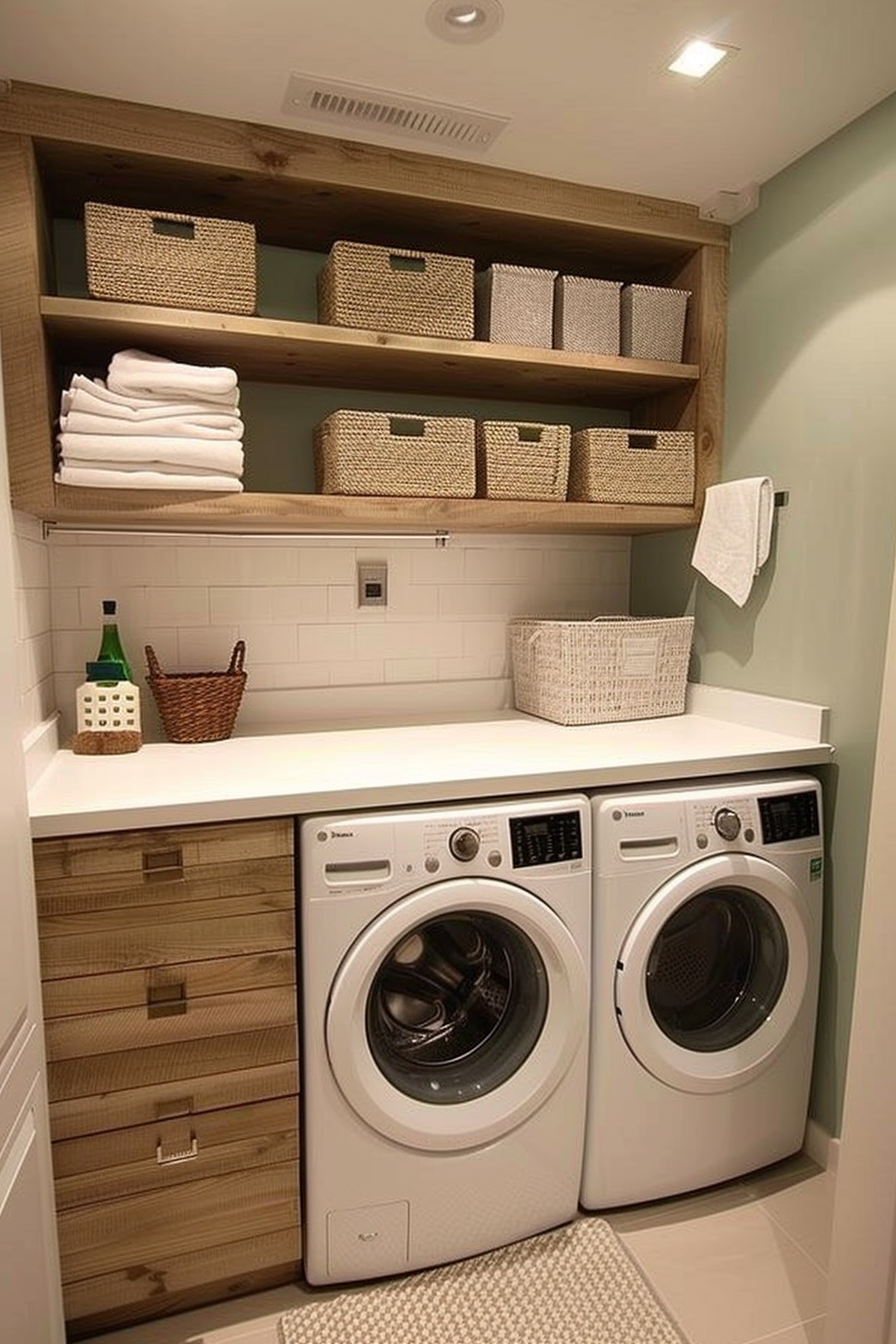 A modern laundry room with a washer, dryer, white countertops, and wooden shelves holding baskets and towels.
