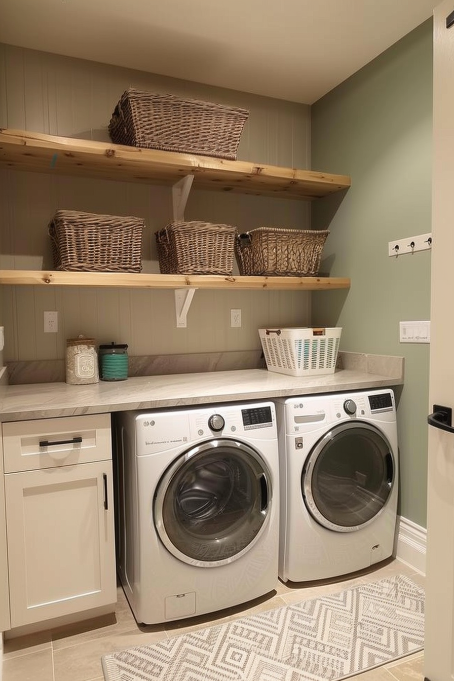 A tidy laundry room with a washer, dryer, cabinets, and shelves holding wicker baskets.