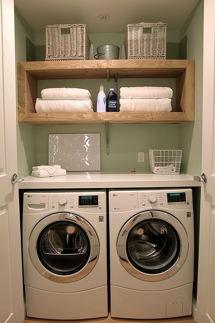 A modern laundry room with a washer and dryer, wooden shelves holding baskets, linens, and cleaning supplies.