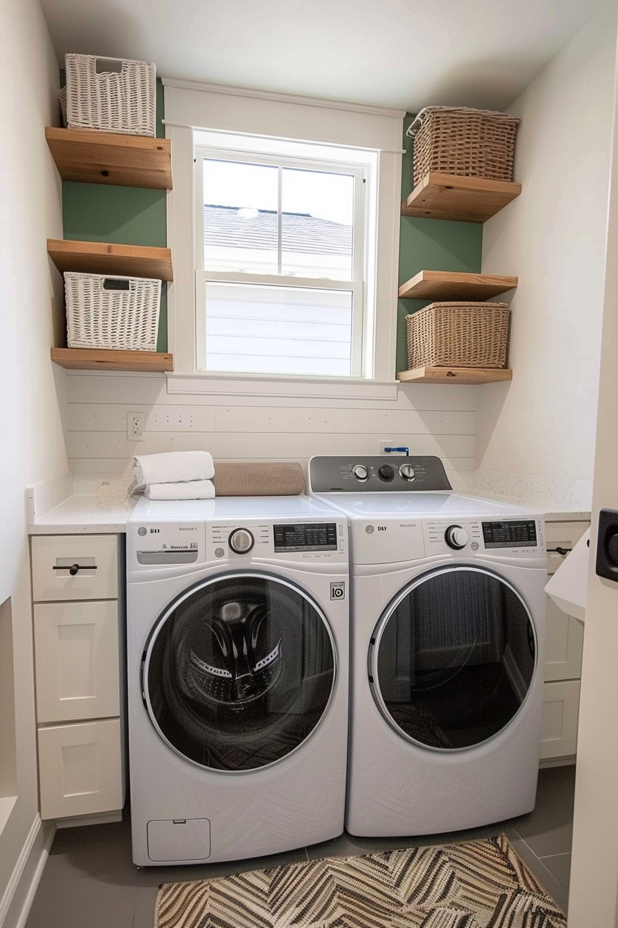 A modern laundry room with front-loading washer and dryer, white cabinetry, wooden shelves, and wicker baskets by a window.