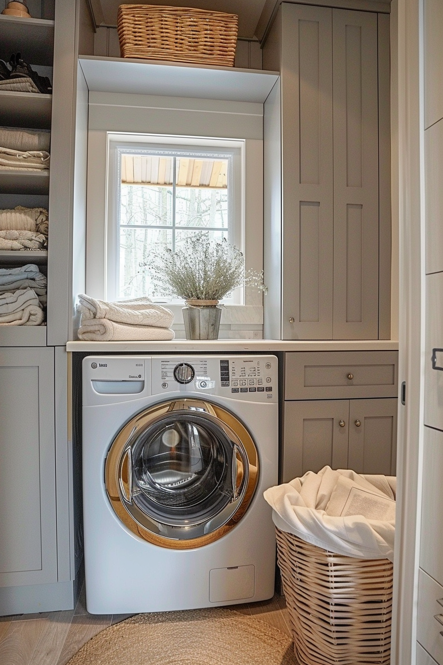 Cozy laundry closet with modern washing machine, shelves with towels, a window, and a wicker basket.