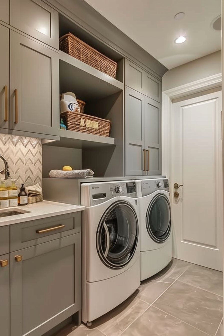 Modern laundry room with gray cabinets, washing machine, dryer, and wicker baskets on shelves.