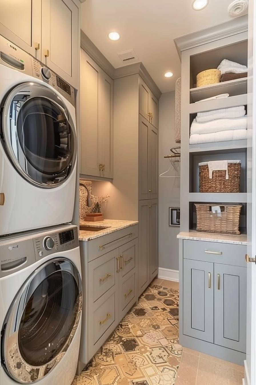 Laundry room with stacked washer and dryer, grey cabinetry, white countertops, and decorative floor tiles.