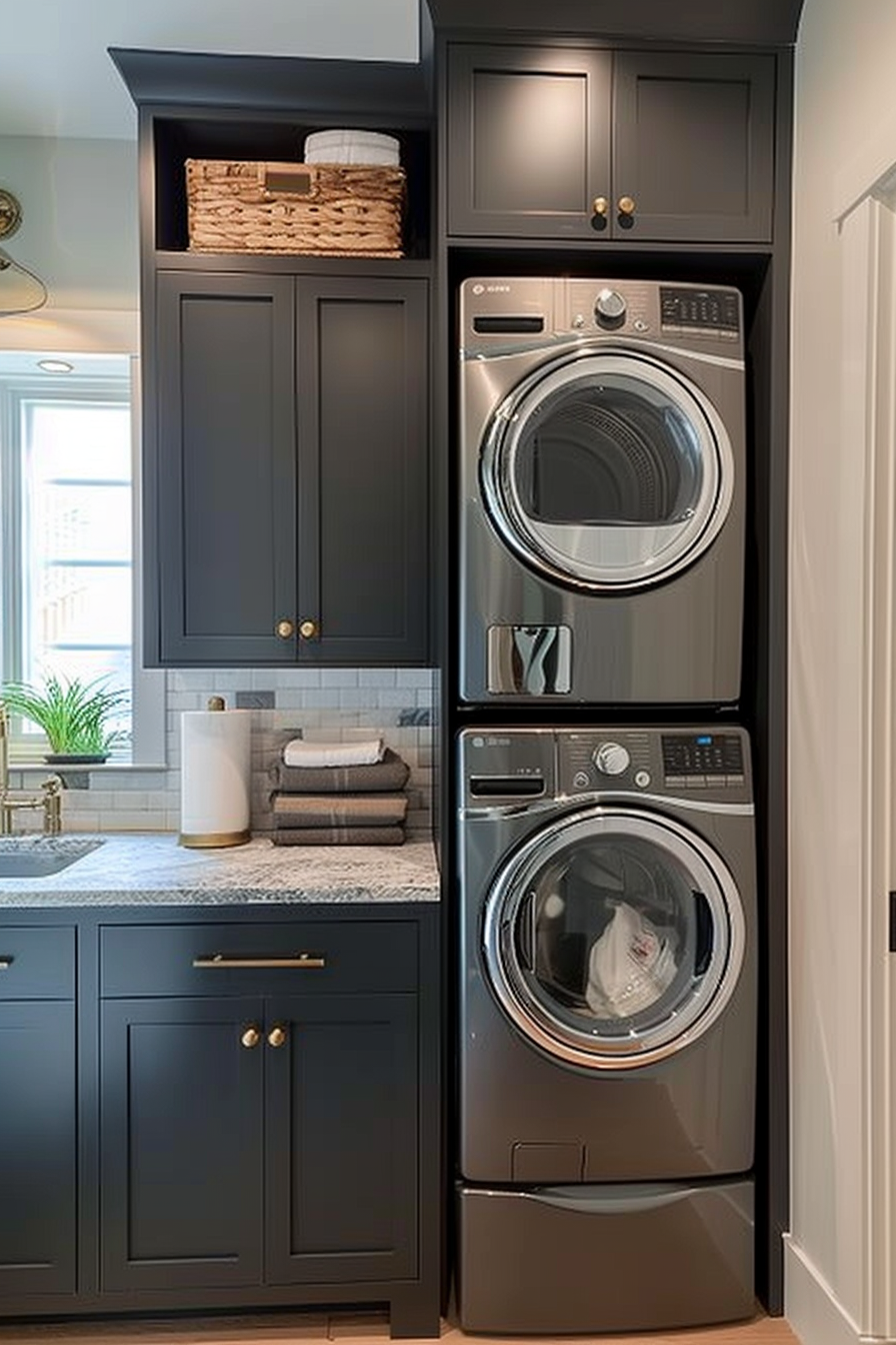 Stylish laundry room with modern, stacked washer and dryer in a dark cabinet, with a basket and folded towels on the counter.