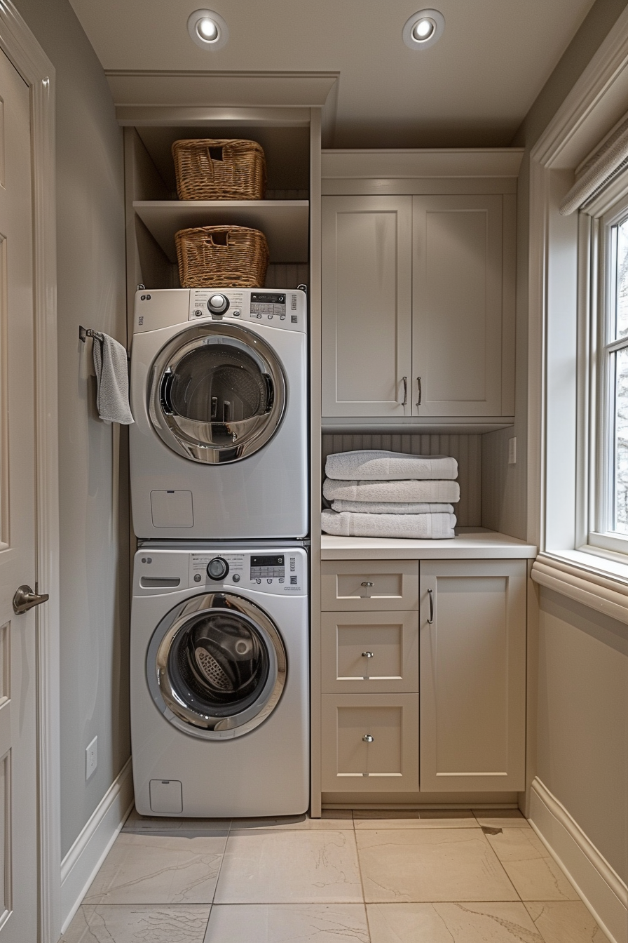 Modern laundry room with stacked washer and dryer, beige cabinets, and woven baskets above.