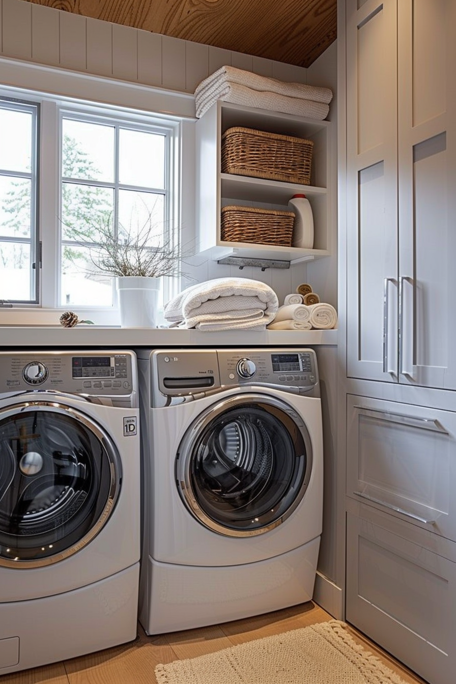 A cozy laundry room with modern appliances, wicker baskets on shelves, folded towels, and a window letting in natural light.