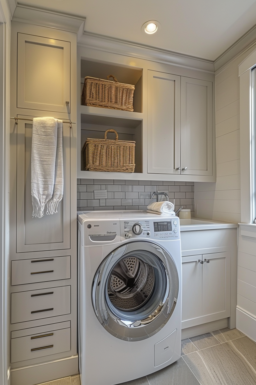 Modern laundry room with front-loading washer, grey cabinets, wicker baskets, and a hanging towel.