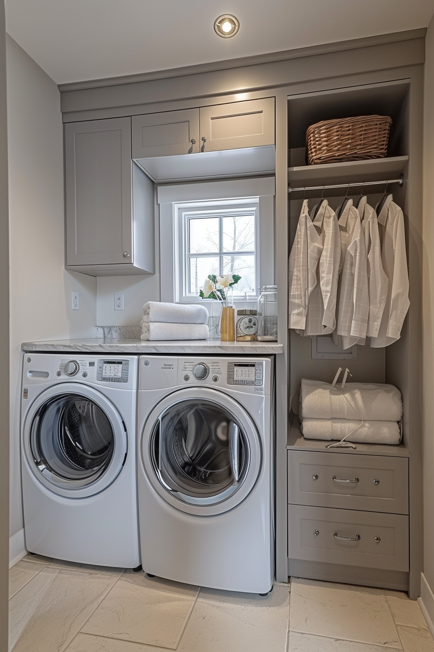 Modern laundry room with a front-loading washer and dryer, grey cabinetry, and fresh linens on shelves.