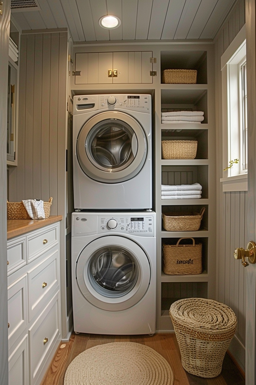 Stacked washer and dryer in a cozy laundry room with built-in shelves holding towels and baskets, and wicker accessories.