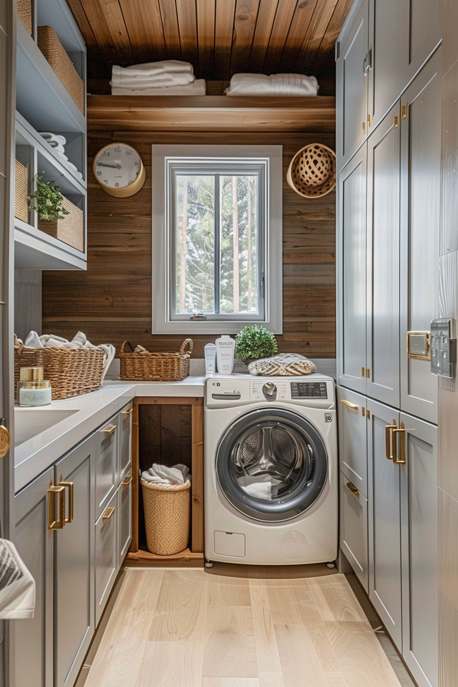 Cozy laundry room with wood paneling, front-loading washer, white counters, and grey cabinets, with a window view of snowy trees.