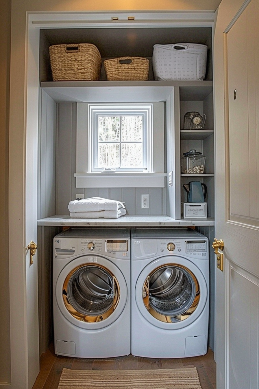 A cozy laundry nook with stacked wicker baskets, washing machine and dryer, and shelves holding household items.