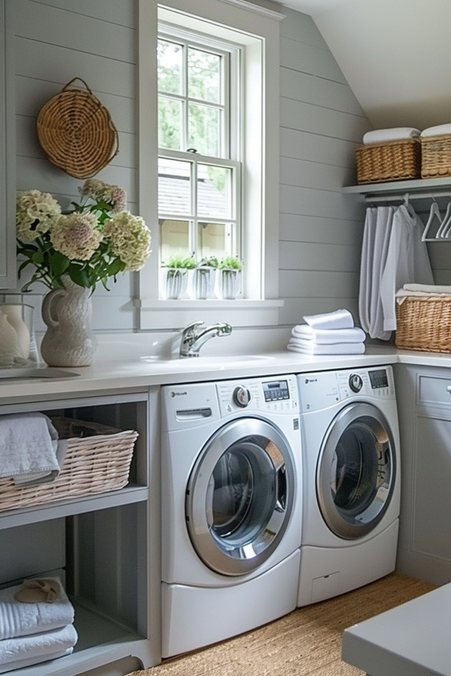 Cozy laundry room with modern appliances, white cabinetry, wicker baskets, and fresh flowers by the window.